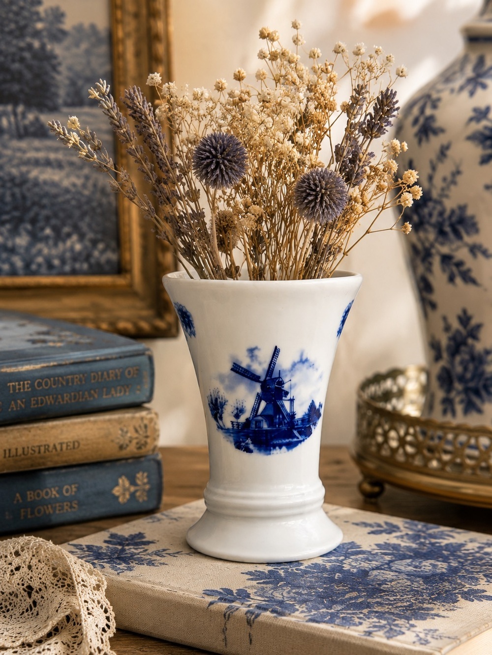 Vintage Holland Blue White Dutch Windmill Porcelain Bud Vase Hand Decorated 1984